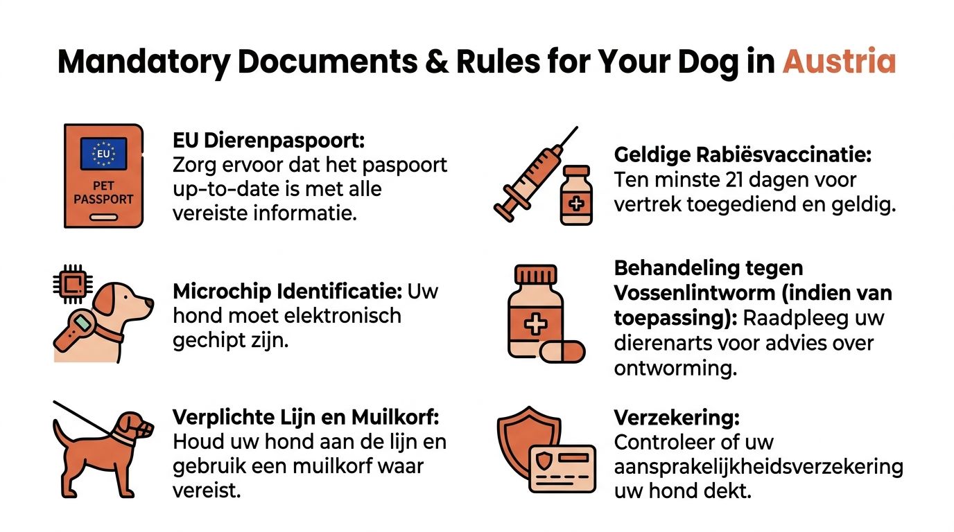 Een informatieve infographic over de vereiste documenten en regels voor het meenemen van honden naar Oostenrijk.