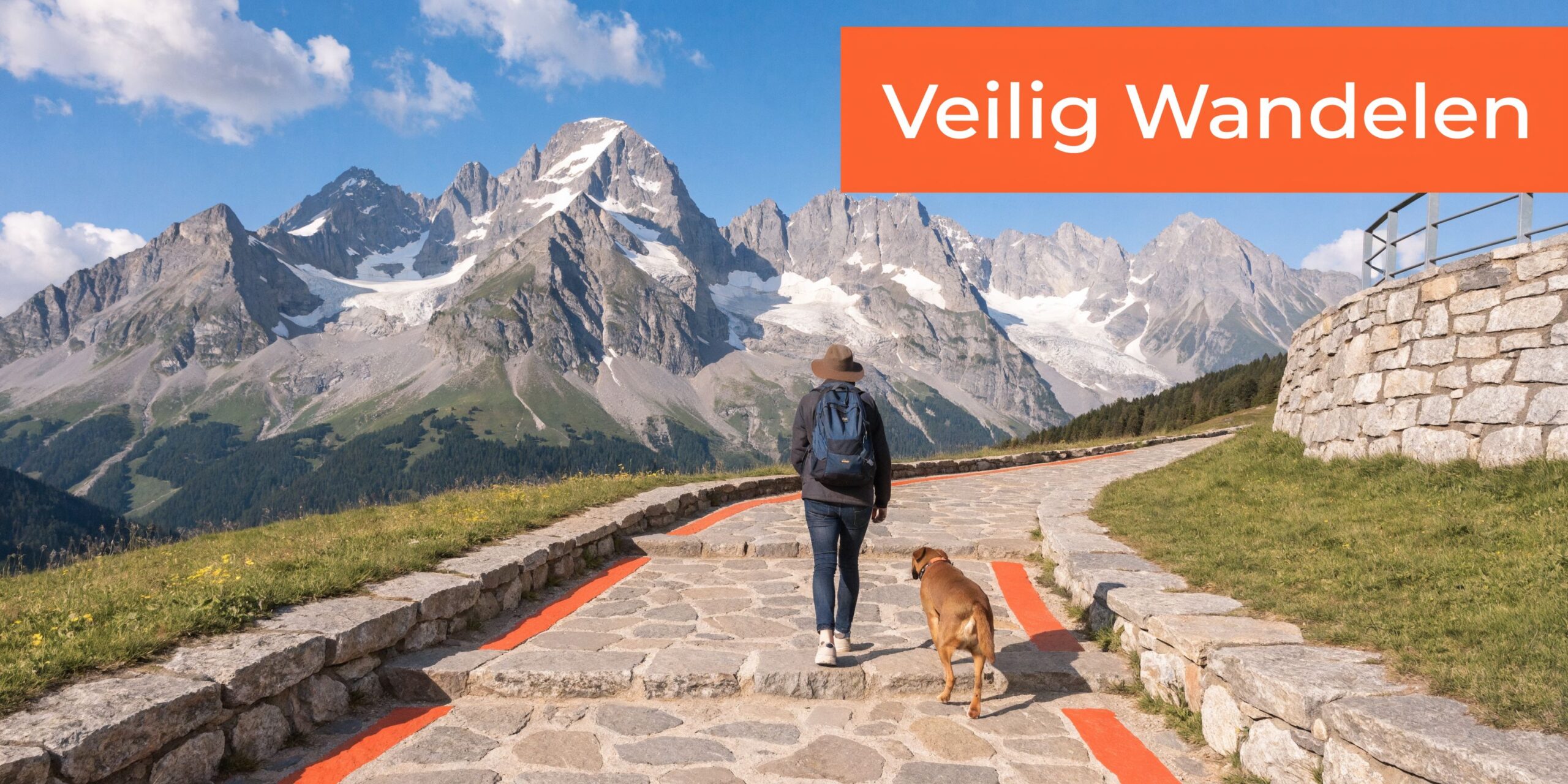 Een wandelaar met een rugzak en een hond loopt op een stenen pad in de Oostenrijkse bergen.