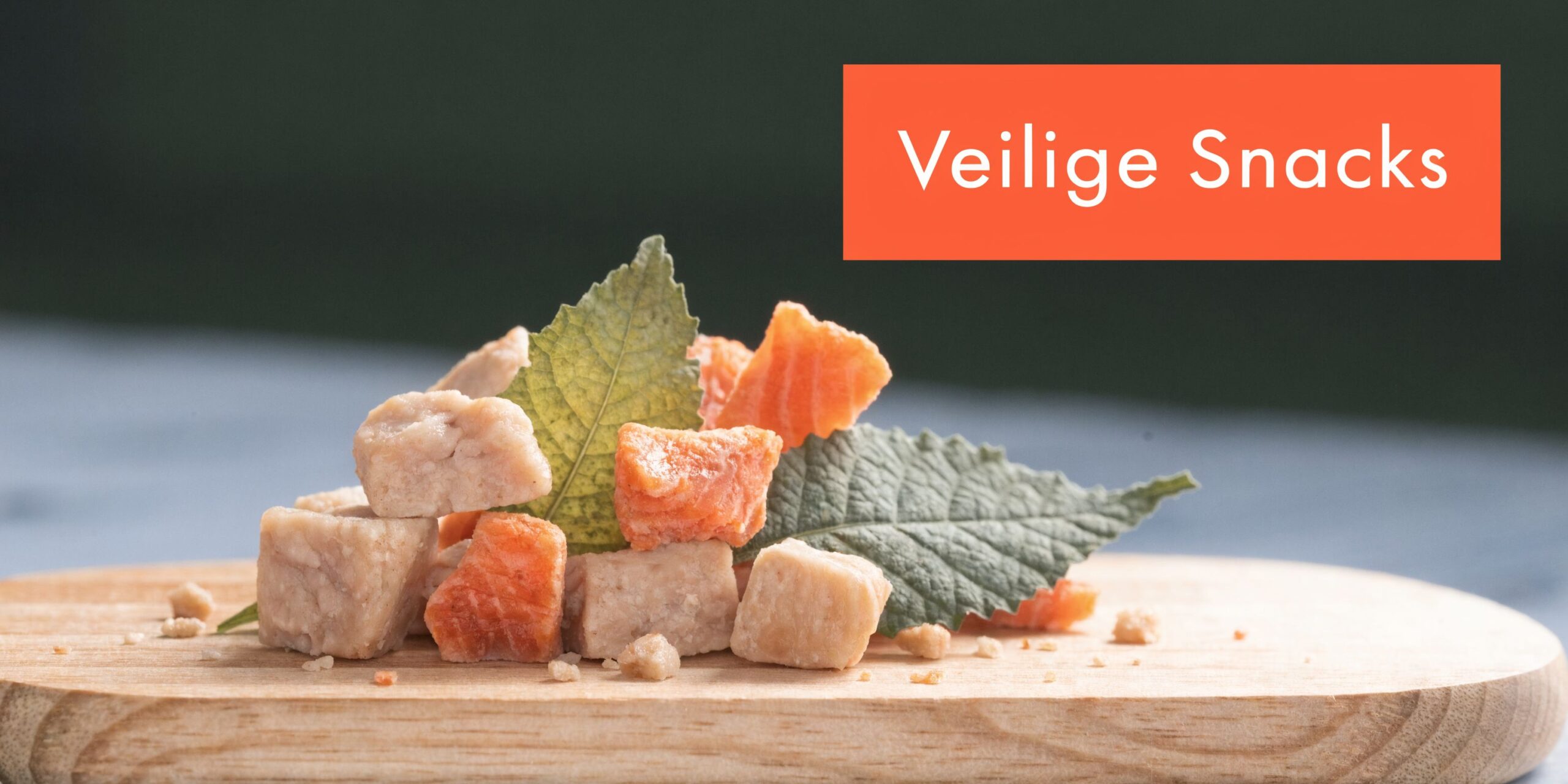 Een houten snijplank met kleine blokjes gedroogde vis en vlees als gezonde en veilige snacks voor katten.