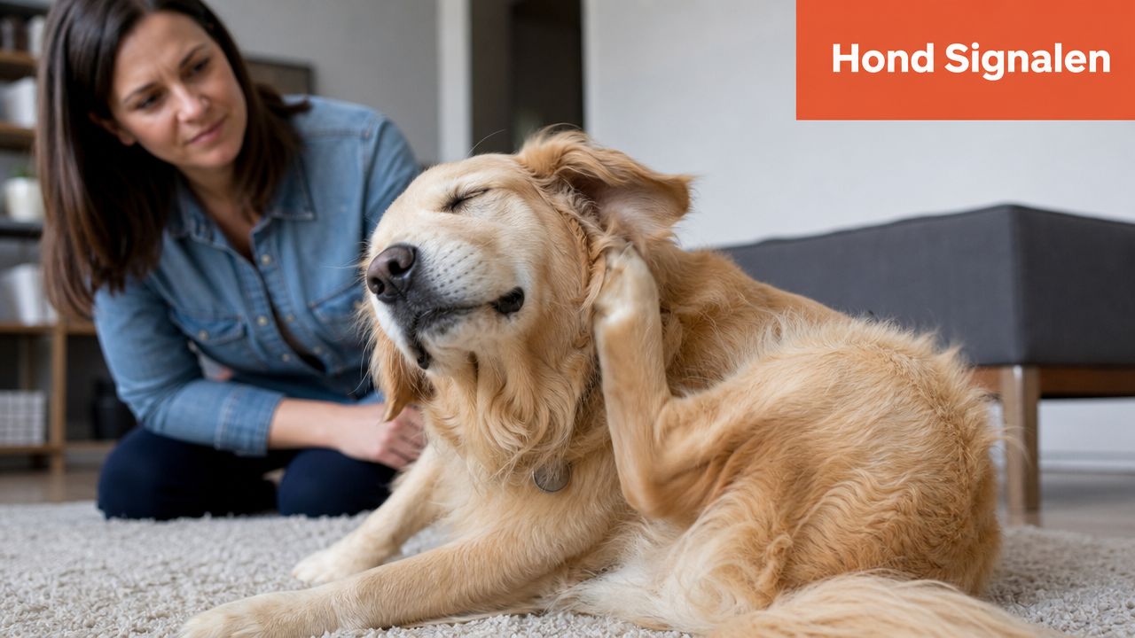 Een vrouw kijkt bezorgd naar haar golden retriever die zichzelf krabt aan zijn oor binnenshuis op tapijt.