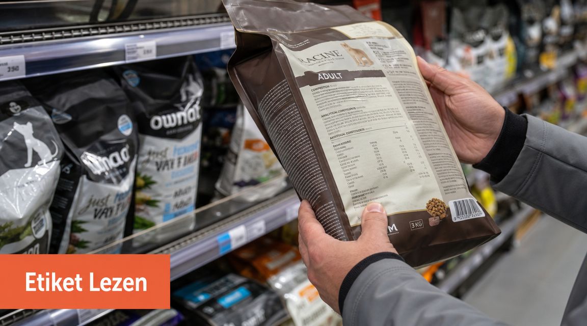 Een persoon bekijkt aandachtig de ingrediëntenlijst op de achterzijde van een zak hondenvoer in een winkel.