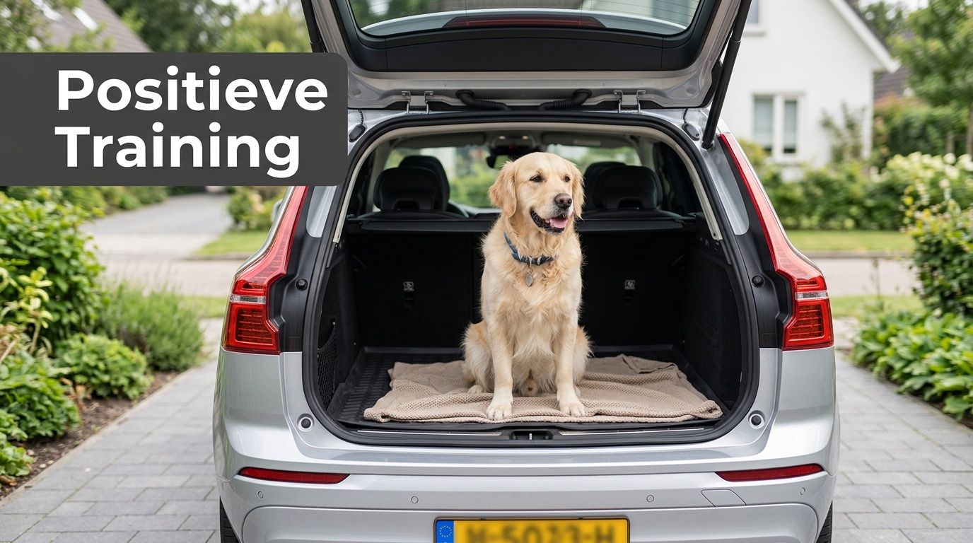 Een vriendelijke golden retriever zit rustig in de kofferbak van een auto, klaar voor een autorit.
