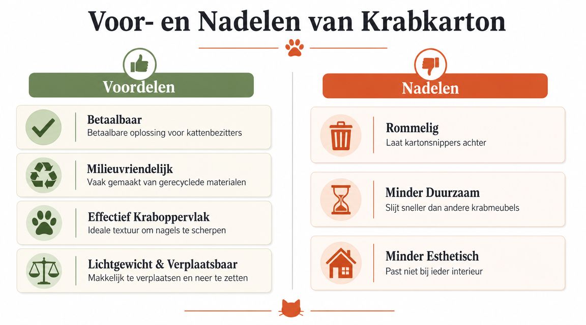 Een overzichtelijk schema met voor- en nadelen van krabkarton voor katten, getoond in een duidelijke tabel.