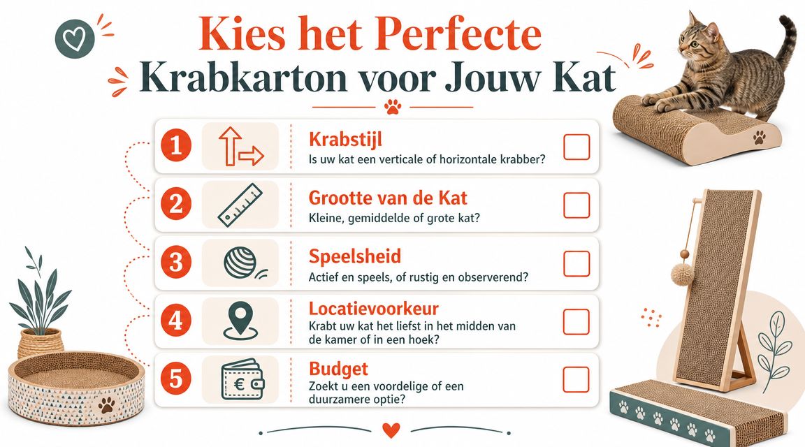 Een informatieve afbeelding over het kiezen van het perfecte krabkarton voor jouw kat met vijf handige tips.