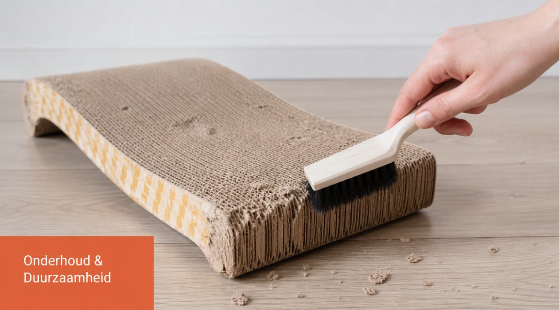 Een hand gebruikt een borstel om een kartonnen krabplank voor katten schoon te maken op een vloer.
