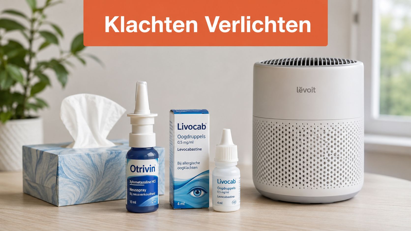Een assortiment aan allergie- en verkoudheidsproducten, waaronder neusspray, oogdruppels en een luchtreiniger op een houten tafel.