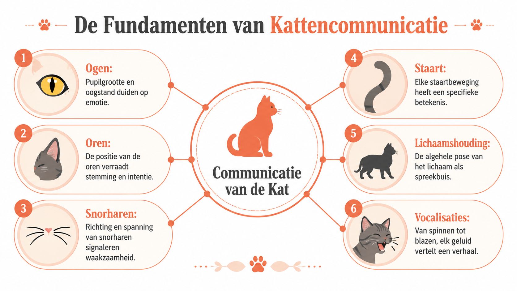 Een infographic die de zes fundamentele manieren van kattencommunicatie toont door middel van lichaamsdelen en gedrag.