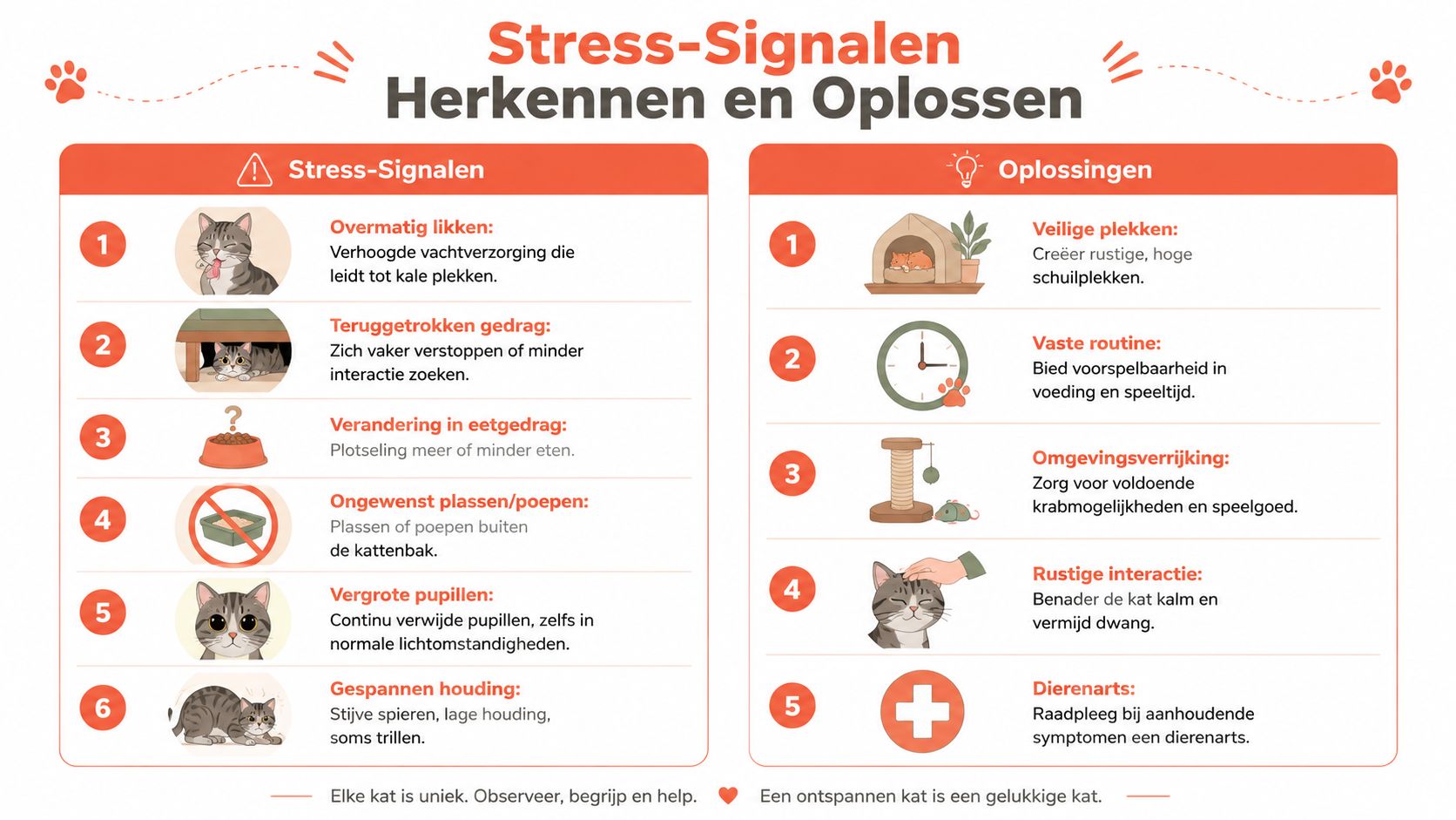Een informatieve infographic over het herkennen van stress-signalen bij katten en effectieve oplossingen voor eigenaren.