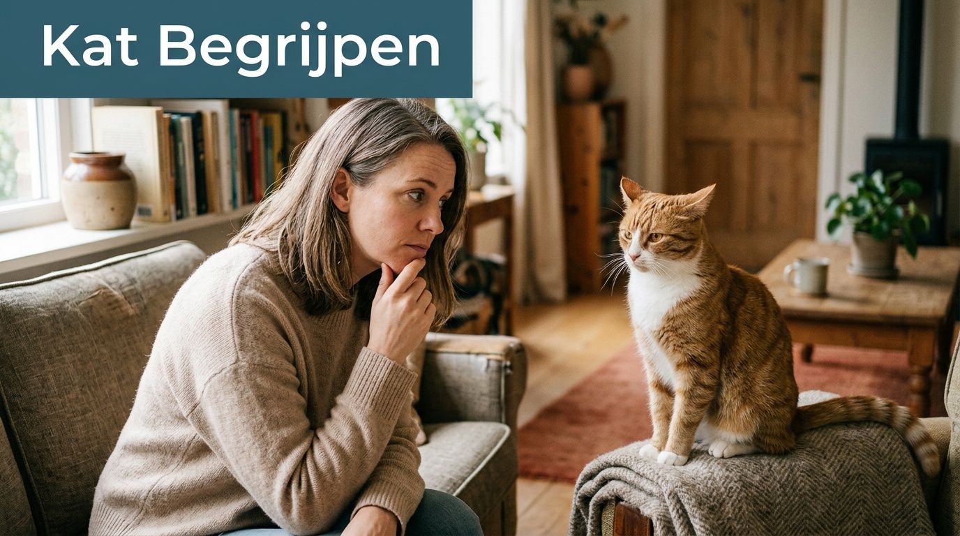 Een vrouw zit op de bank en kijkt aandachtig naar een oranje kat in de woonkamer.