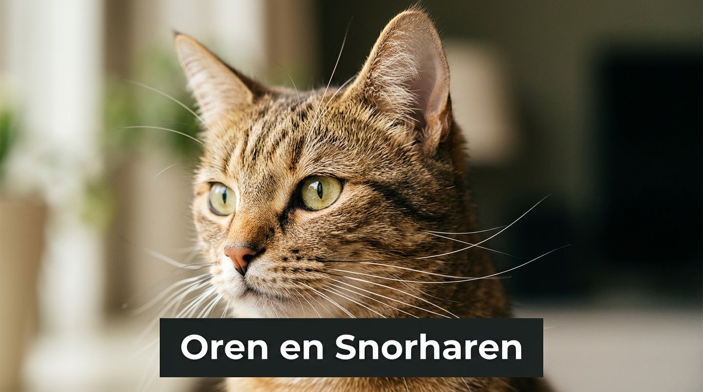 Een close-up van het gezicht van een bruine cyperse kat met focus op de oren en snorharen.