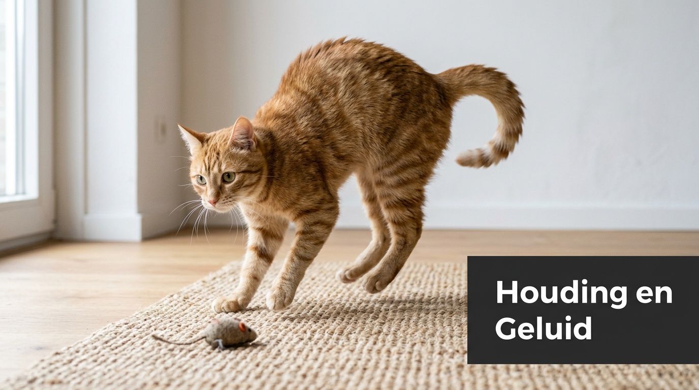 Een oranje gestreepte kat in een actieve speelhouding springt naar een speelgoedmuis op een gevlochten tapijt.