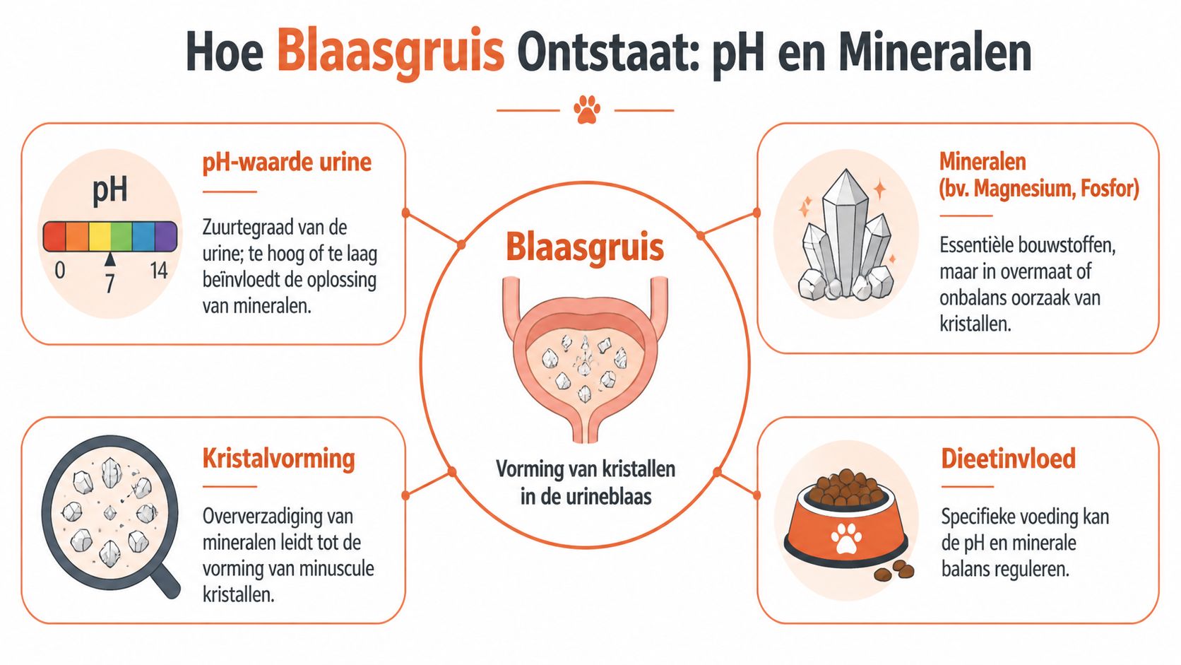 Een informatieve infographic over de vorming van blaasgruis bij huisdieren door pH-waarde, mineralen en voeding.