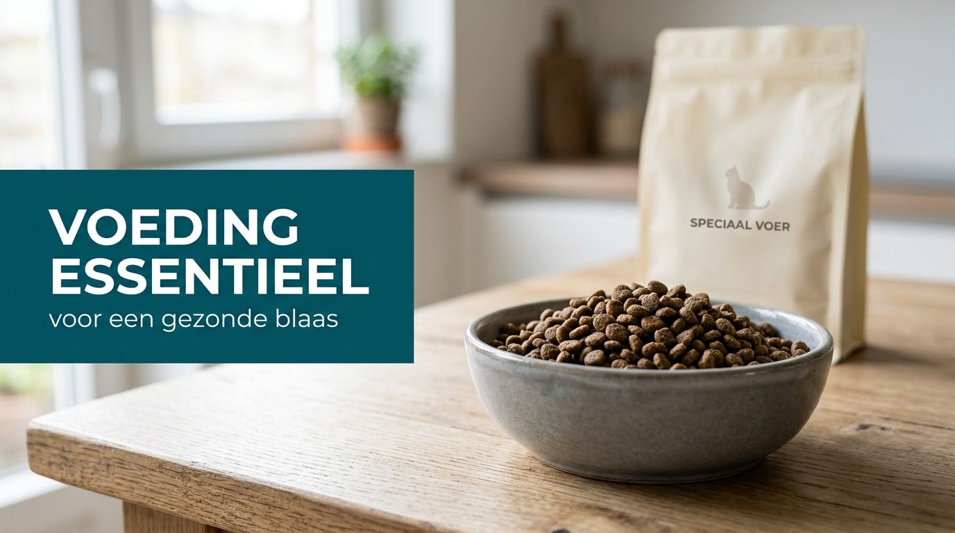 Een kom met droge kattenbrokjes naast een zak met de tekst Speciaal Voer op een houten tafel.