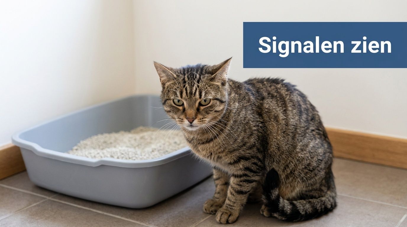 Een gestreepte kat zit naast een kattenbak met grit op een tegelvloer in een rustige kamer.