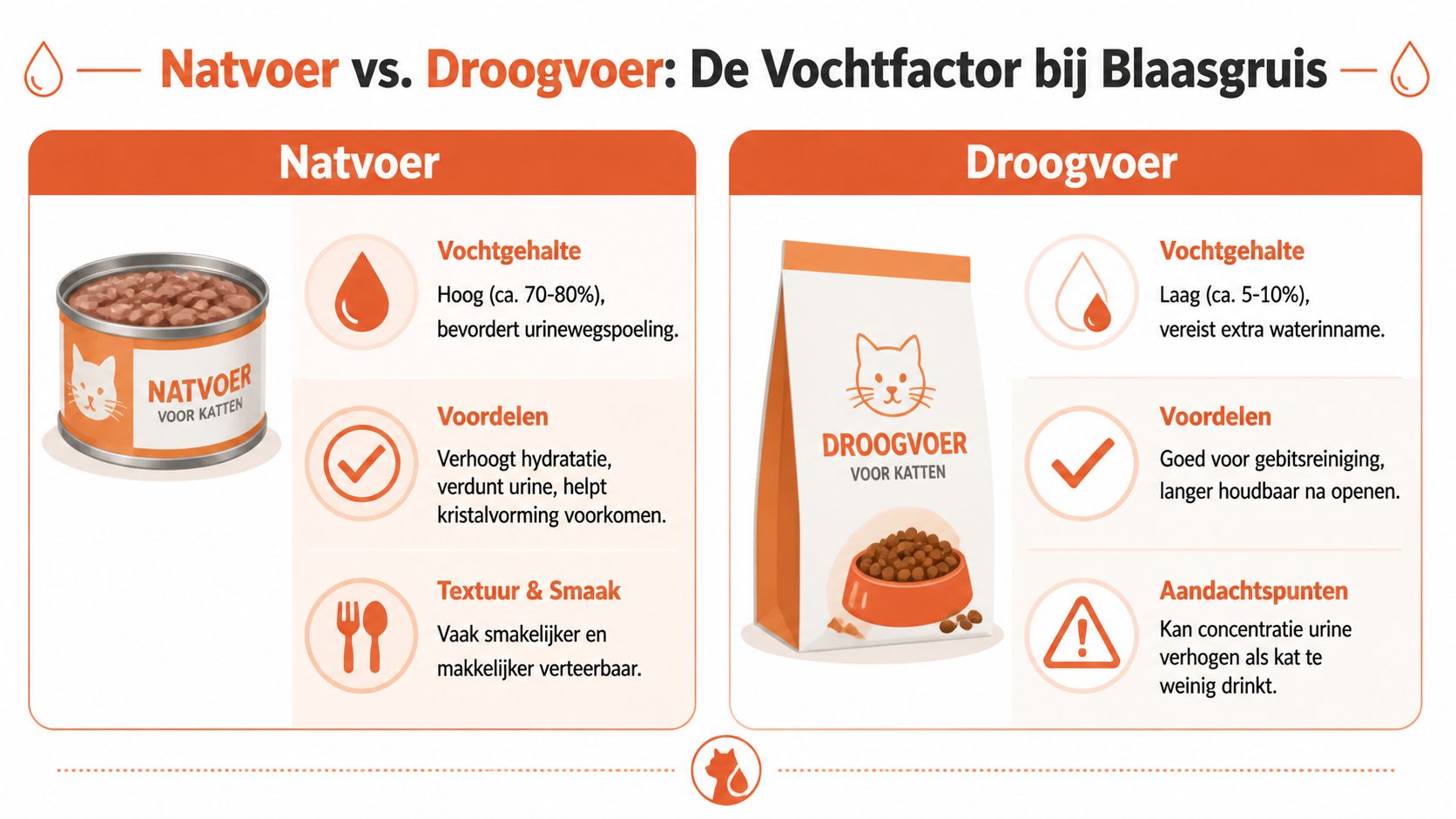 Vergelijking van natvoer en droogvoer voor katten met blaasgruis met nadruk op de invloed van vochtgehalte.