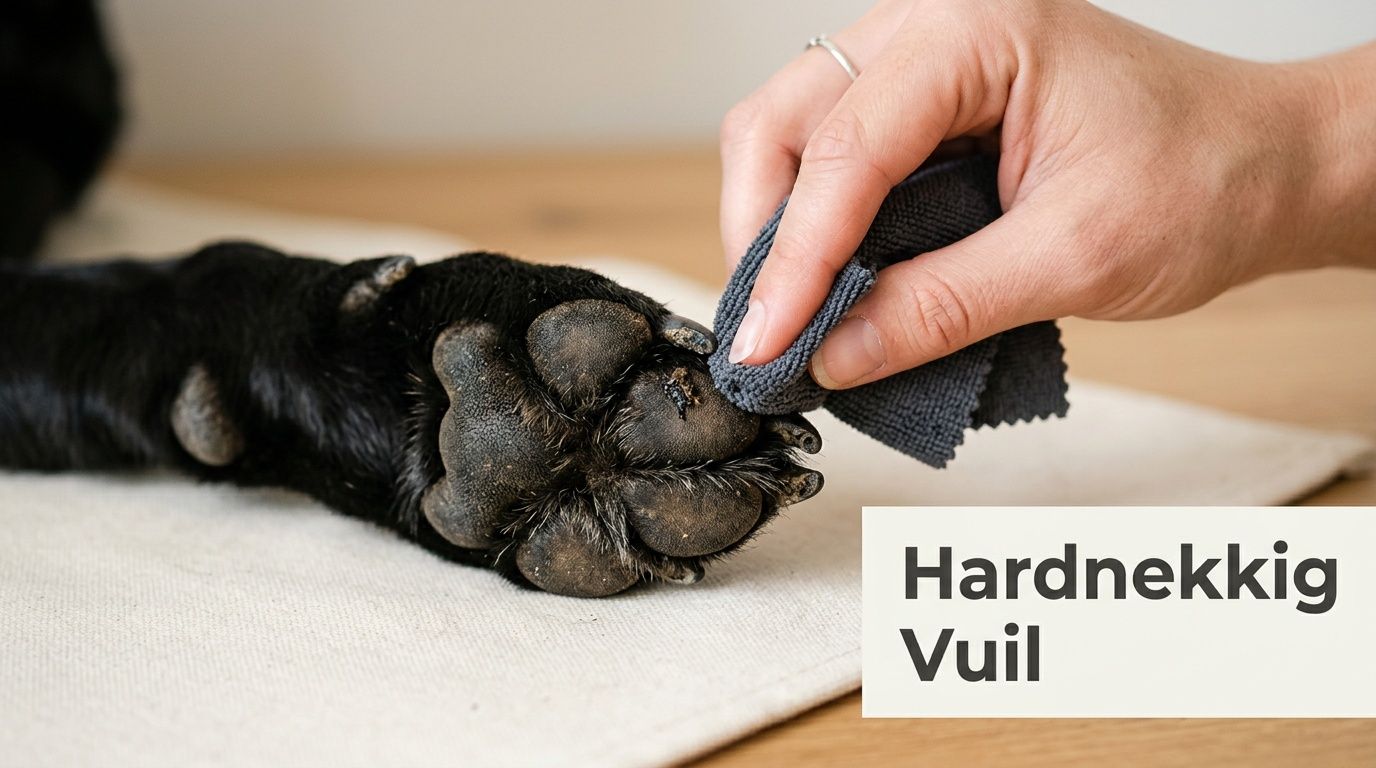 Een hand die voorzichtig de poot van een hond schoonmaakt met een grijs doekje op een ondergrond.