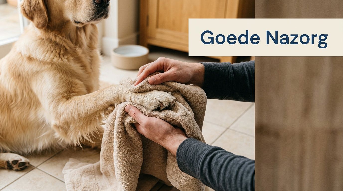 Een persoon maakt de poot van een hond voorzichtig schoon met een zachte beige handdoek na een wandeling.