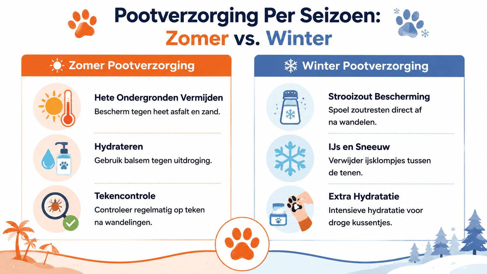 Een infografiek die tips geeft voor de pootverzorging van honden tijdens de zomer en de winter.