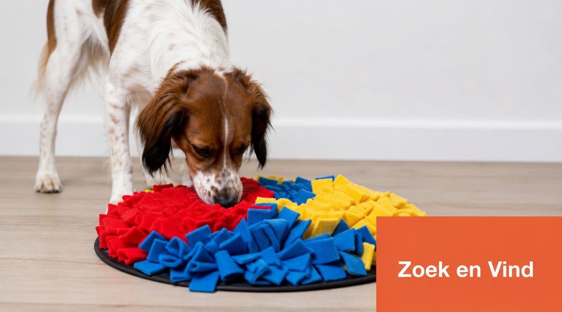 Een bruin-witte hond snuffelt aan een kleurrijk snuffelkleed met rode, blauwe en gele stoffen flappen op de grond.