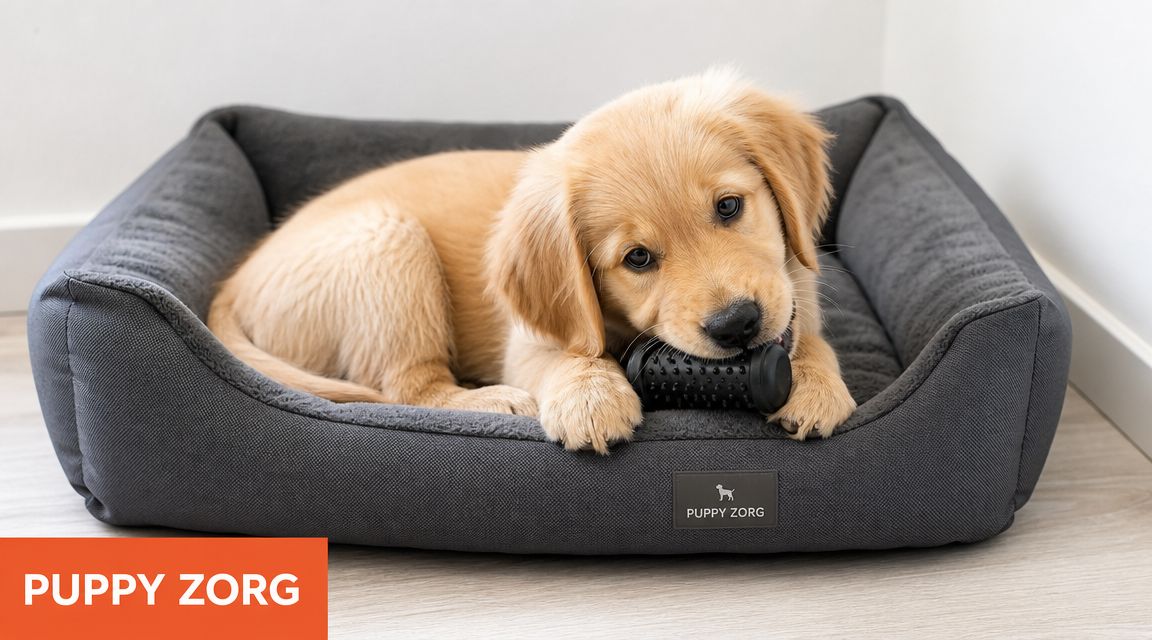 Een schattige golden retriever puppy ligt in een comfortabele grijze hondenmand en speelt met een zwart kauwspeeltje.