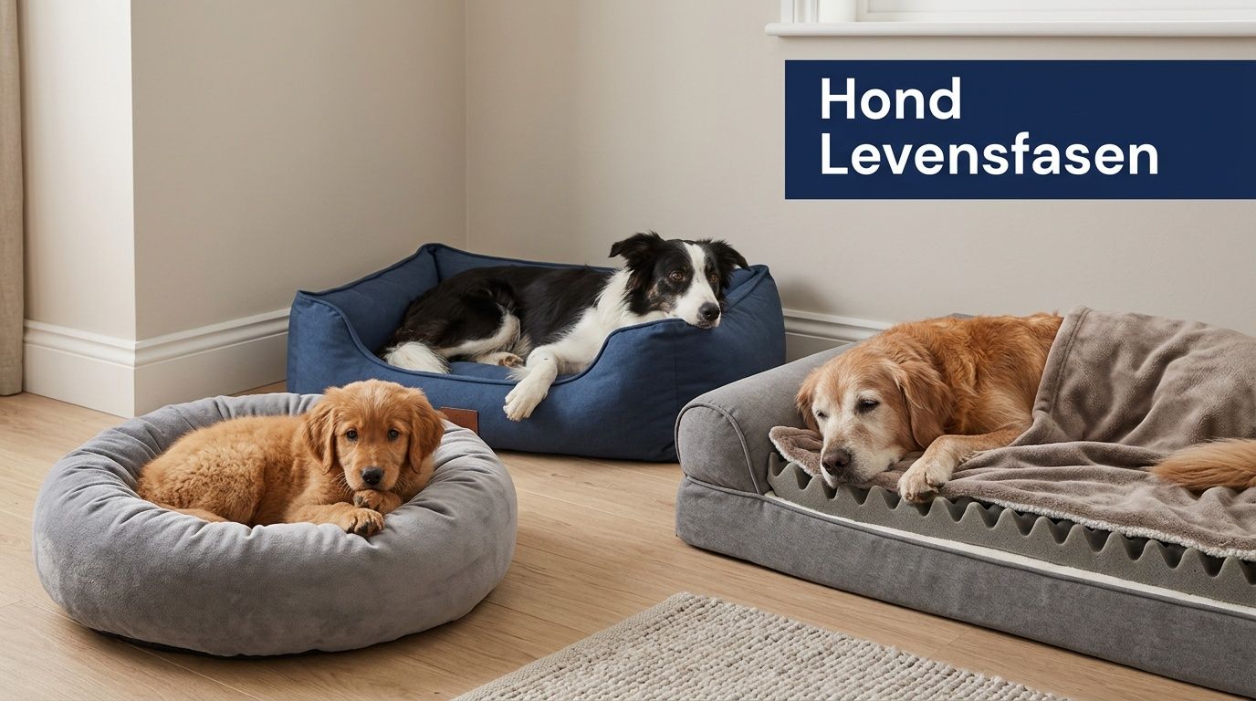 Drie verschillende honden in hun eigen hondenmanden, representatief voor de diverse levensfasen van een hond.