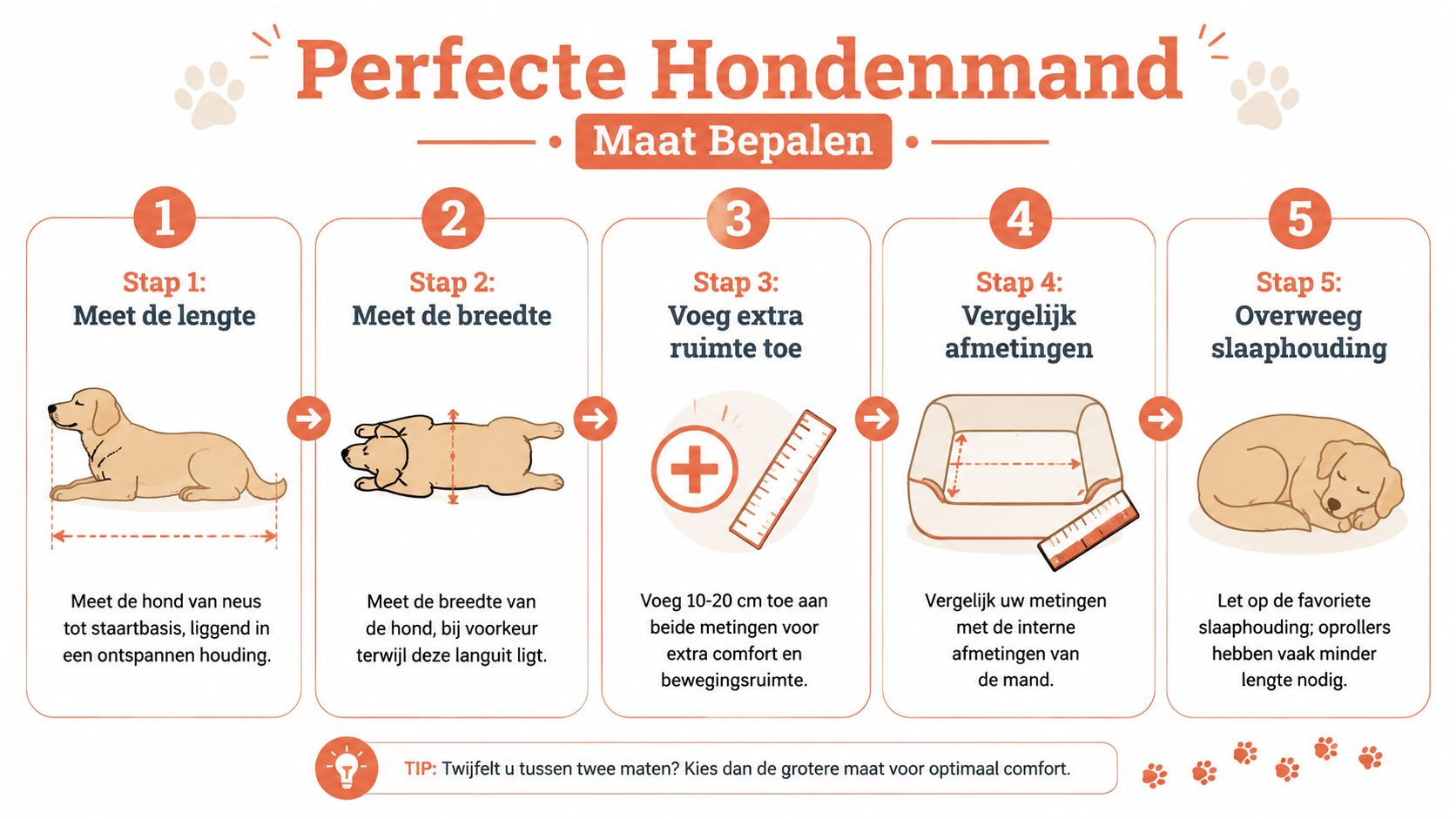 Stappenplan voor het bepalen van de perfecte maat hondenmand voor uw hond in vijf eenvoudige stappen.