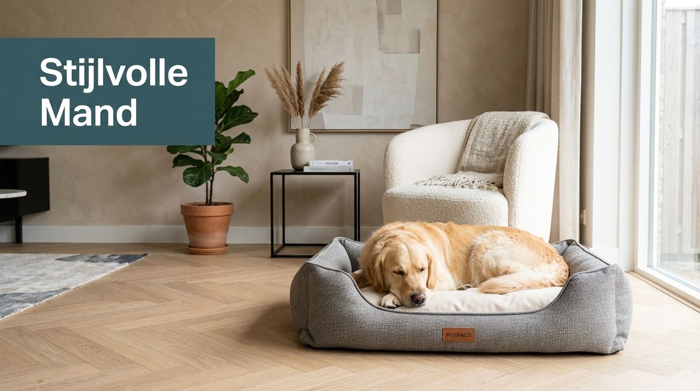 Een gouden retriever ligt vredig te slapen in een stijlvolle grijze hondenmand in een modern ingerichte woonkamer.