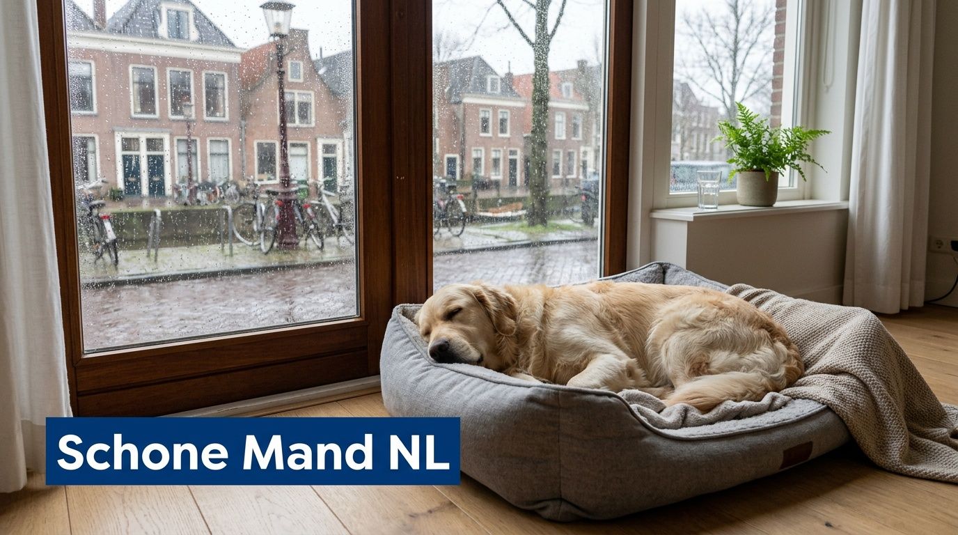Een gouden retriever ligt vredig te slapen in een comfortabele grijze hondenmand voor een groot raam.