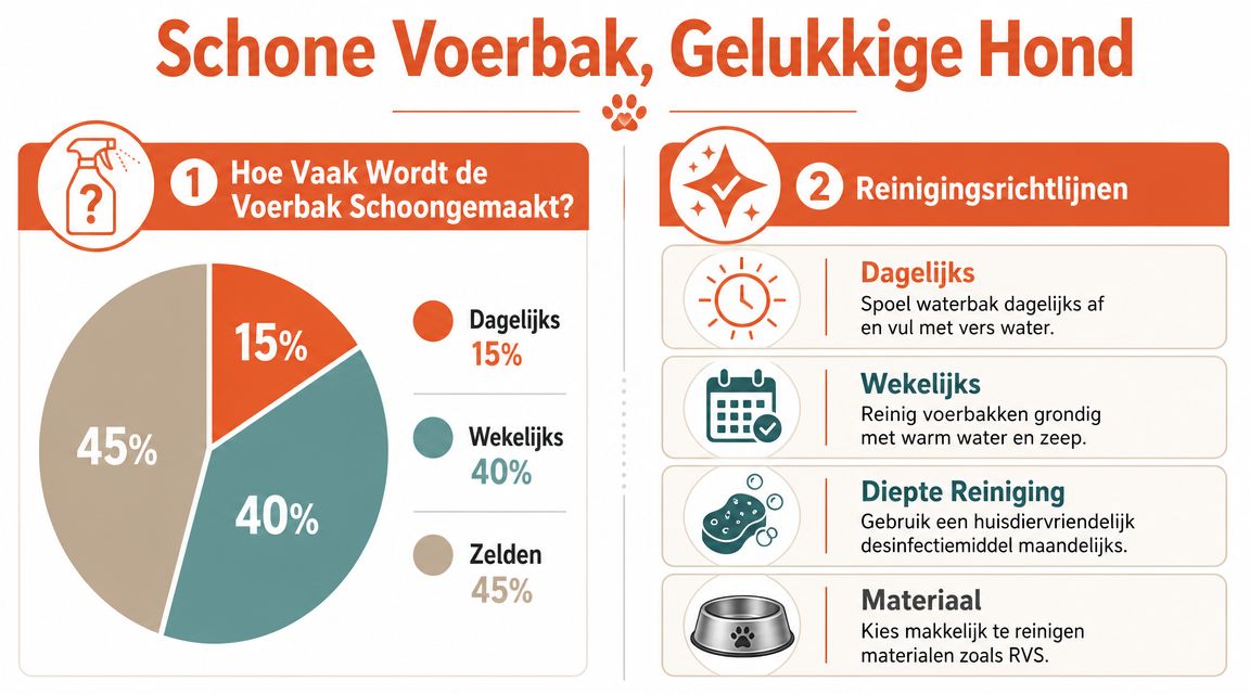 Een informatieve infographic in het Nederlands over het belang en de richtlijnen voor het schoonmaken van hondenvoerbakken.