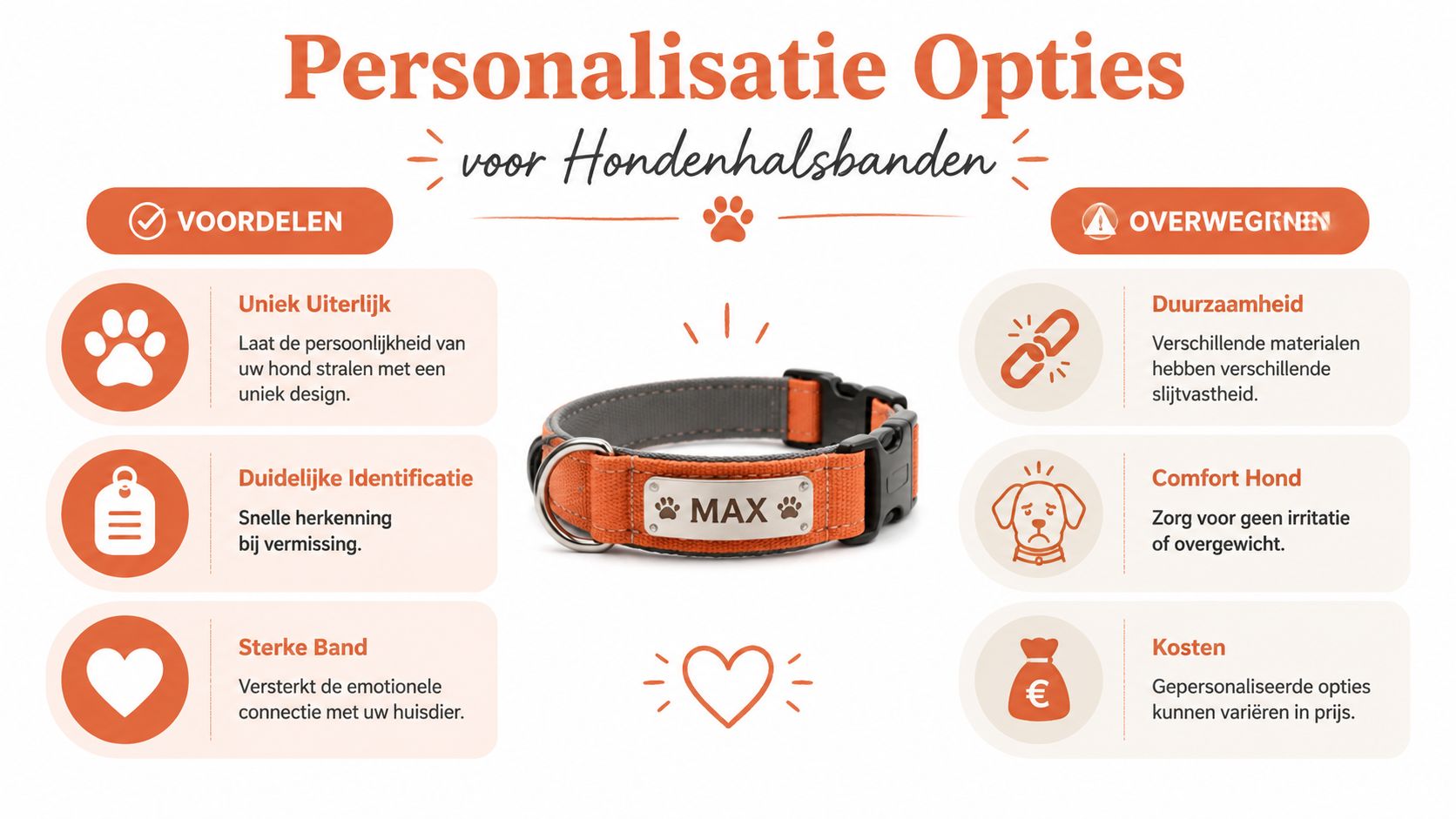 Een informatieve afbeelding over personalisatie opties voor hondenhalsbanden, inclusief voordelen en overwegingen met een oranje halsband.