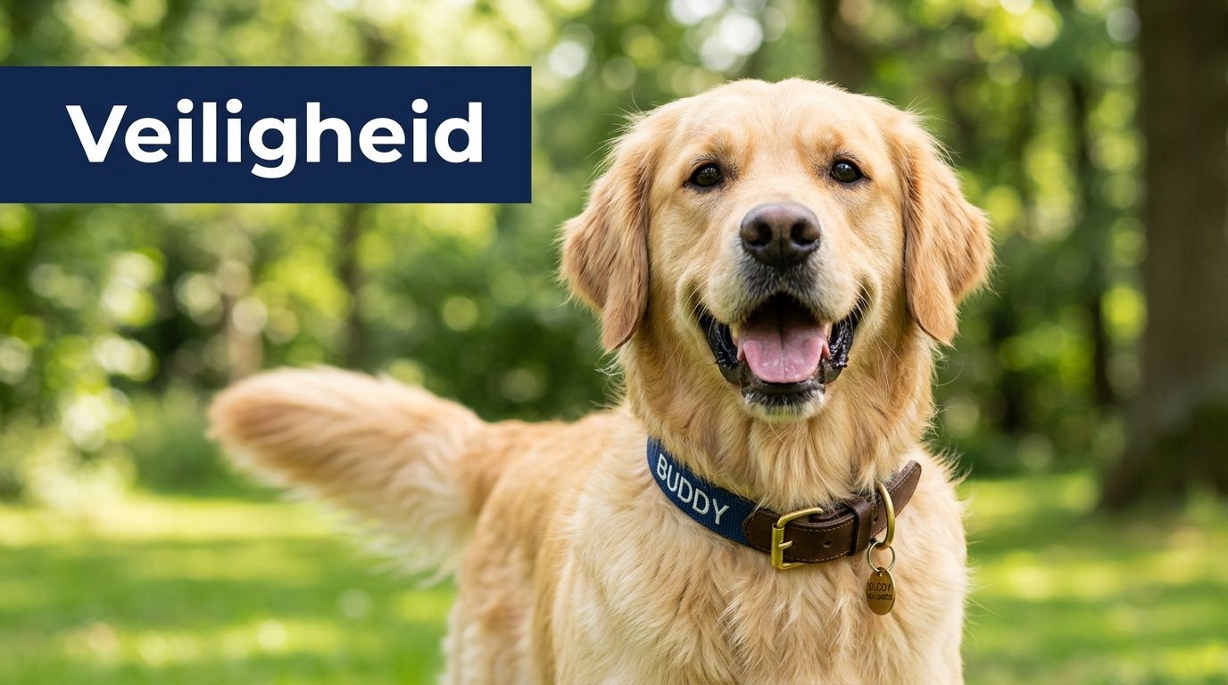 Een vrolijke Golden Retriever hond draagt een blauwe halsband met de naam Buddy erop in een park.