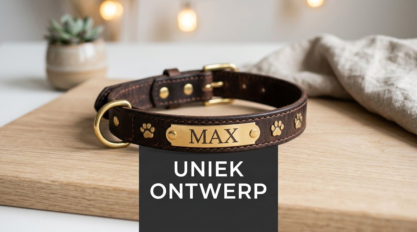 Een bruine leren hondenhalsband met een gepersonaliseerd naamplaatje en schattige pootafdrukken op een houten ondergrond.