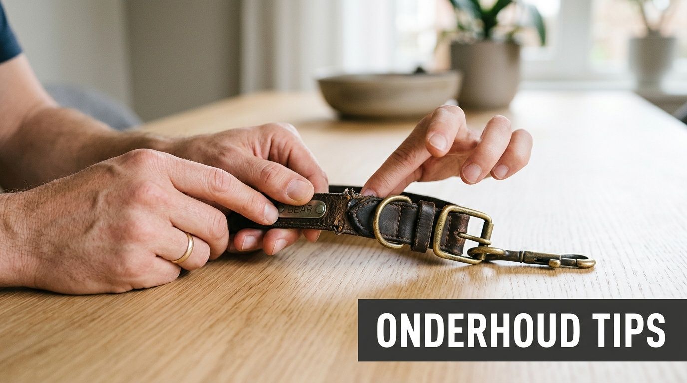 Een close-up van handen die een versleten bruin leren hondenhalsband met een naamplaatje op tafel vasthouden.