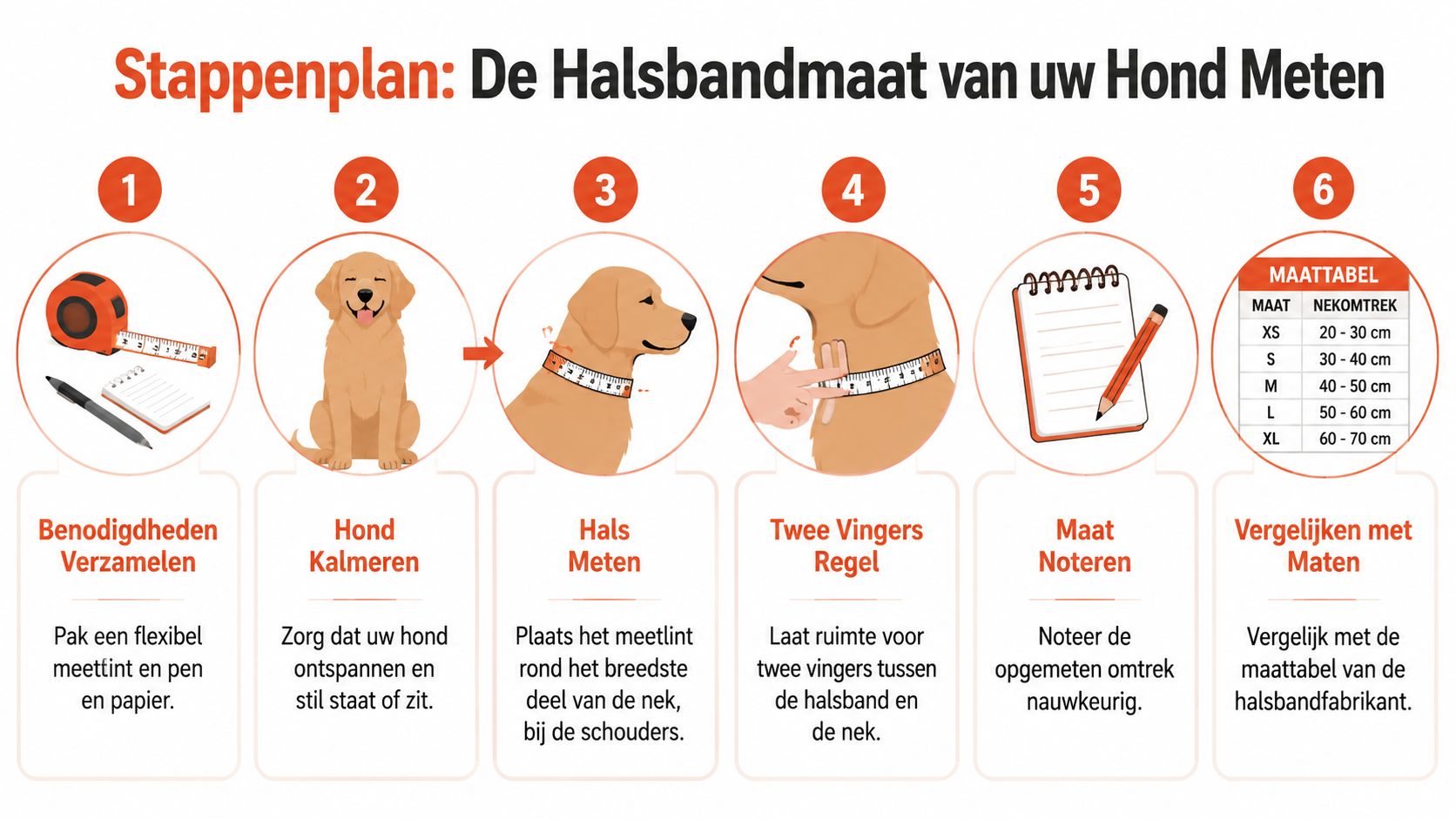 Stappenplan voor het correct opmeten van de halsomtrek van een hond voor een passende halsband.