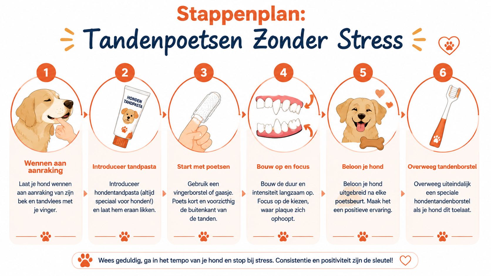 Een stappenplan voor het stressvrij tandenpoetsen van een hond, van wennen tot aan een speciale tandenborstel.
