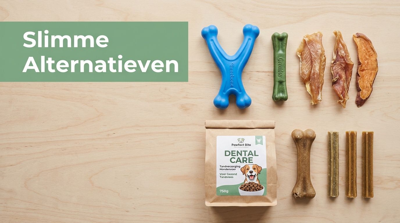 Een assortiment aan gezonde kauwsnacks en tandverzorgingsproducten voor honden op een houten achtergrond.
