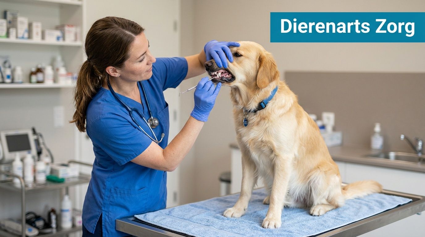 Een vrouwelijke dierenarts onderzoekt het gebit van een golden retriever hond op een klinische behandeltafel.