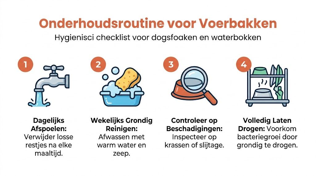 Een informatieve infographic over de onderhoudsroutine en hygiënische checklist voor hondenvoerbakken en drinkbakken.