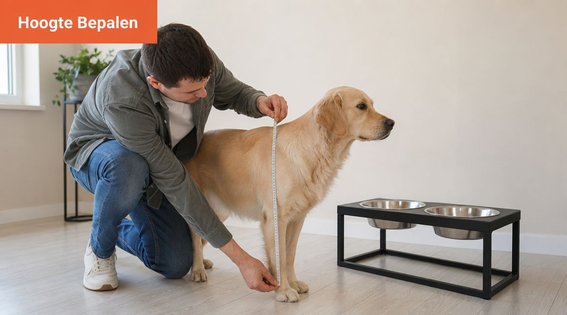 Een man meet de schofthoogte van een golden retriever om een passende honden voerbak met standaard te bepalen.