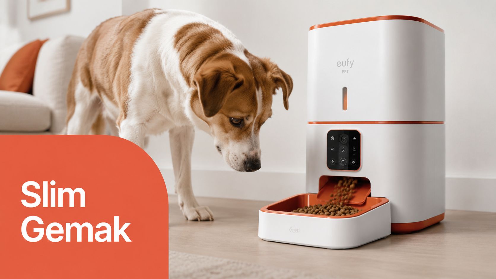 Een hond kijkt naar een eufy PET automatische voerbak die brokken uitdeelt in een moderne woonkamer.