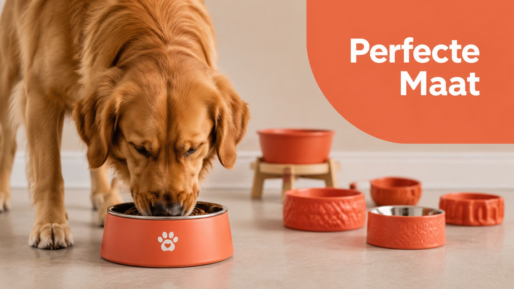 Een goudkleurige hond die uit een oranje hondenvoerbak eet, omringd door verschillende andere bijpassende hondenbakken op de grond.