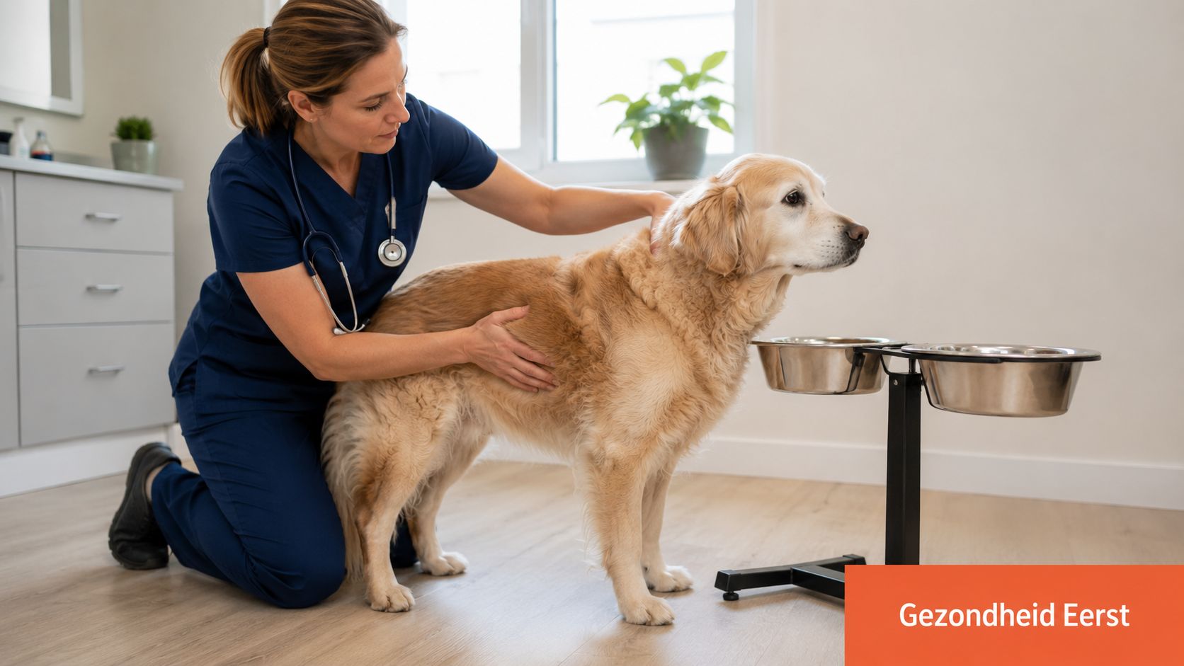 Een dierenarts onderzoekt een Golden Retriever die bij een verhoogde voerbak met twee roestvrijstalen schalen staat.