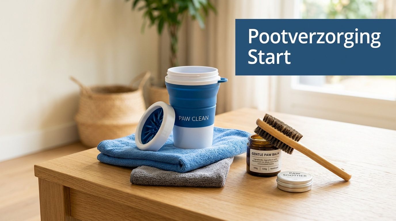 Een set producten voor de pootverzorging van een hond, waaronder een pootreiniger, balsem en een borstel.