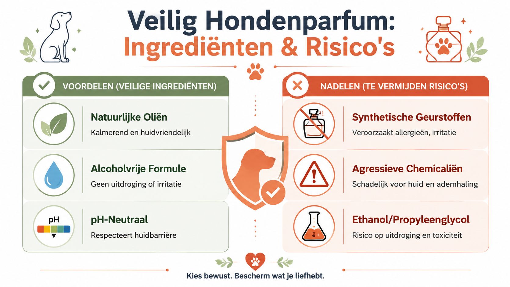 Een informatieve infographic over veilige ingrediënten en risico's bij het kiezen van hondenparfum voor je huisdier.