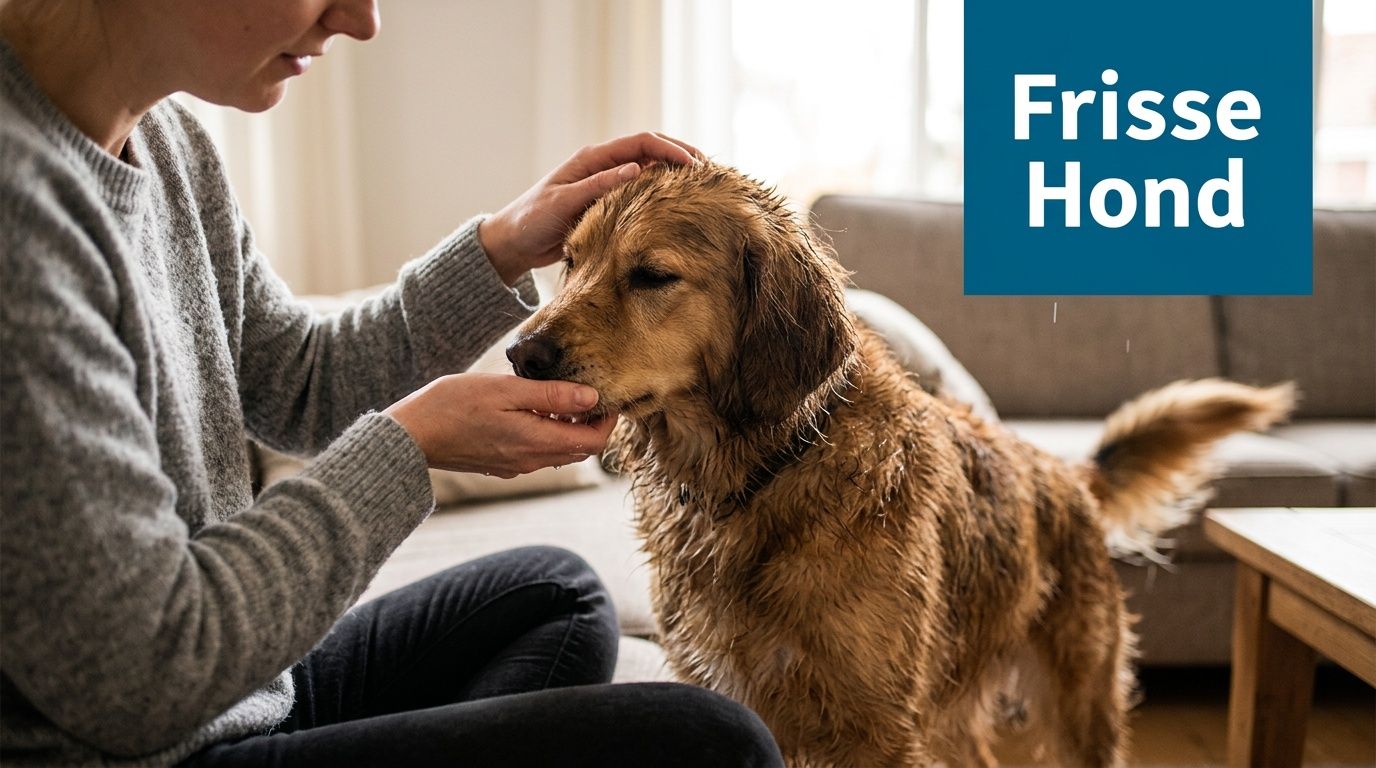 Een vrouw aait haar natte, pas gewassen golden retriever hond terwijl ze samen in de woonkamer zitten.