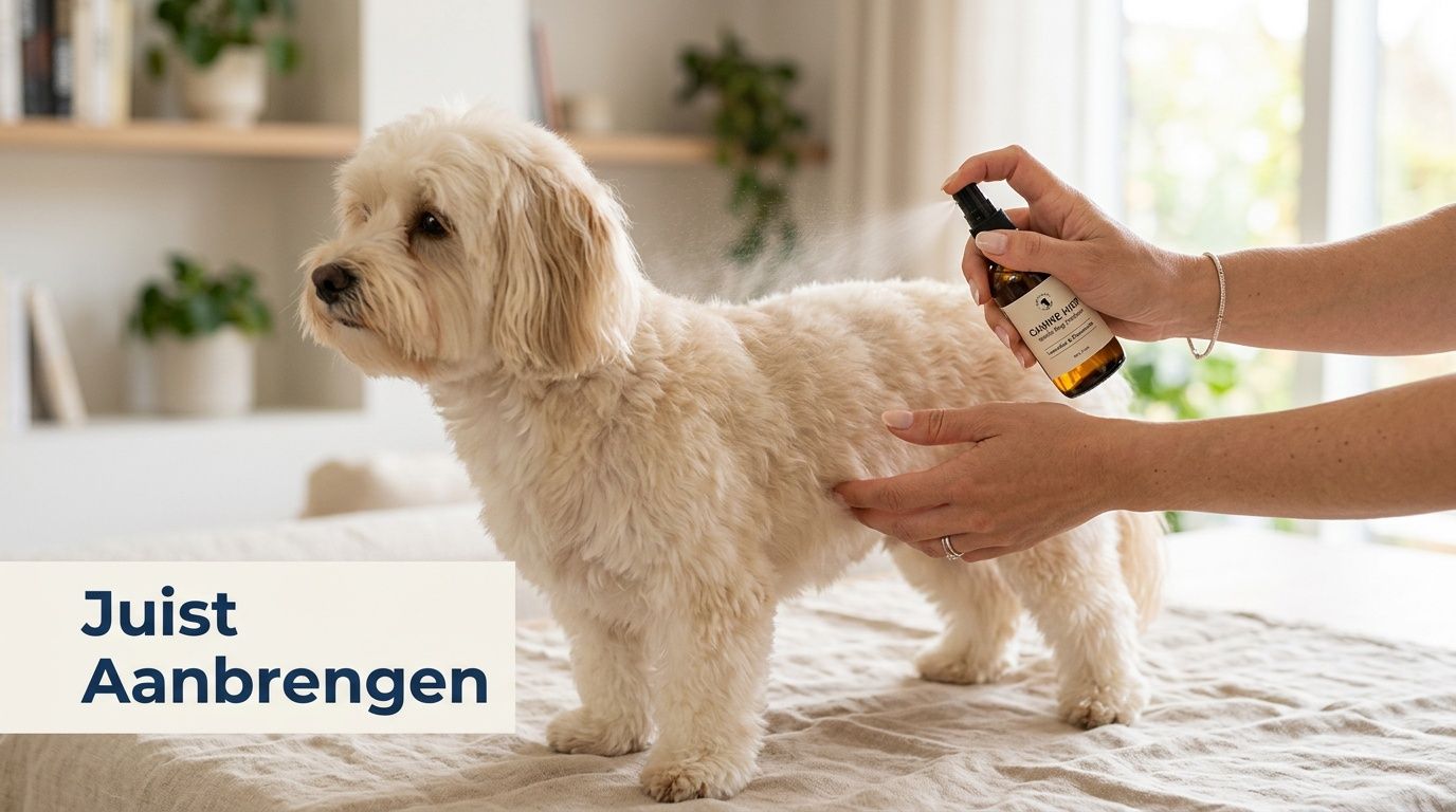 Een persoon sprayt voorzichtig hondenparfum op de vacht van een kleine, pluizige witte hond in een woonkamer.
