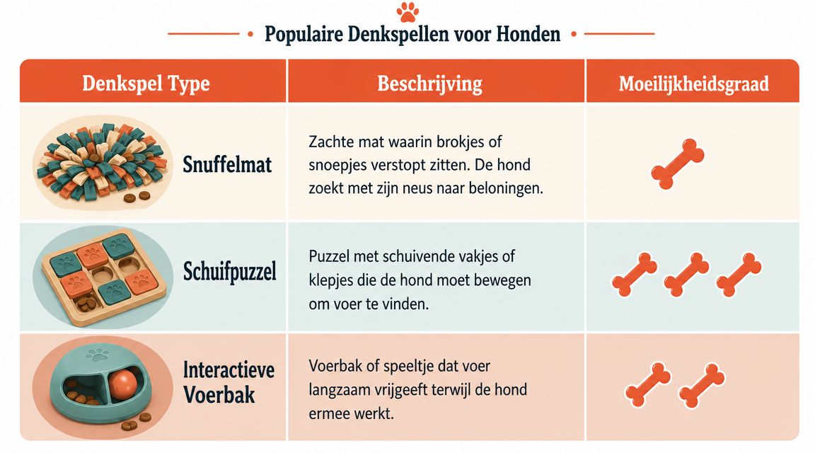 Een tabel met een overzicht van drie populaire denkspellen voor honden met bijbehorende beschrijving en moeilijkheidsgraad.