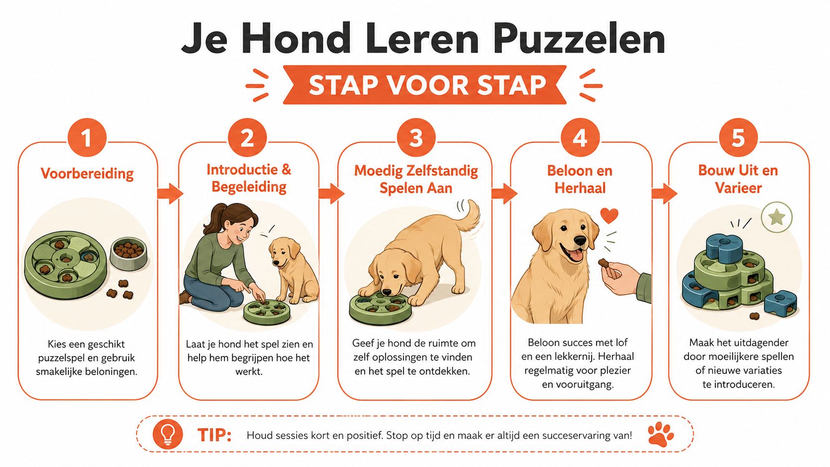 Stappenplan voor het aanleren van denkspellen aan honden, met vijf duidelijke instructies en een nuttige tip.