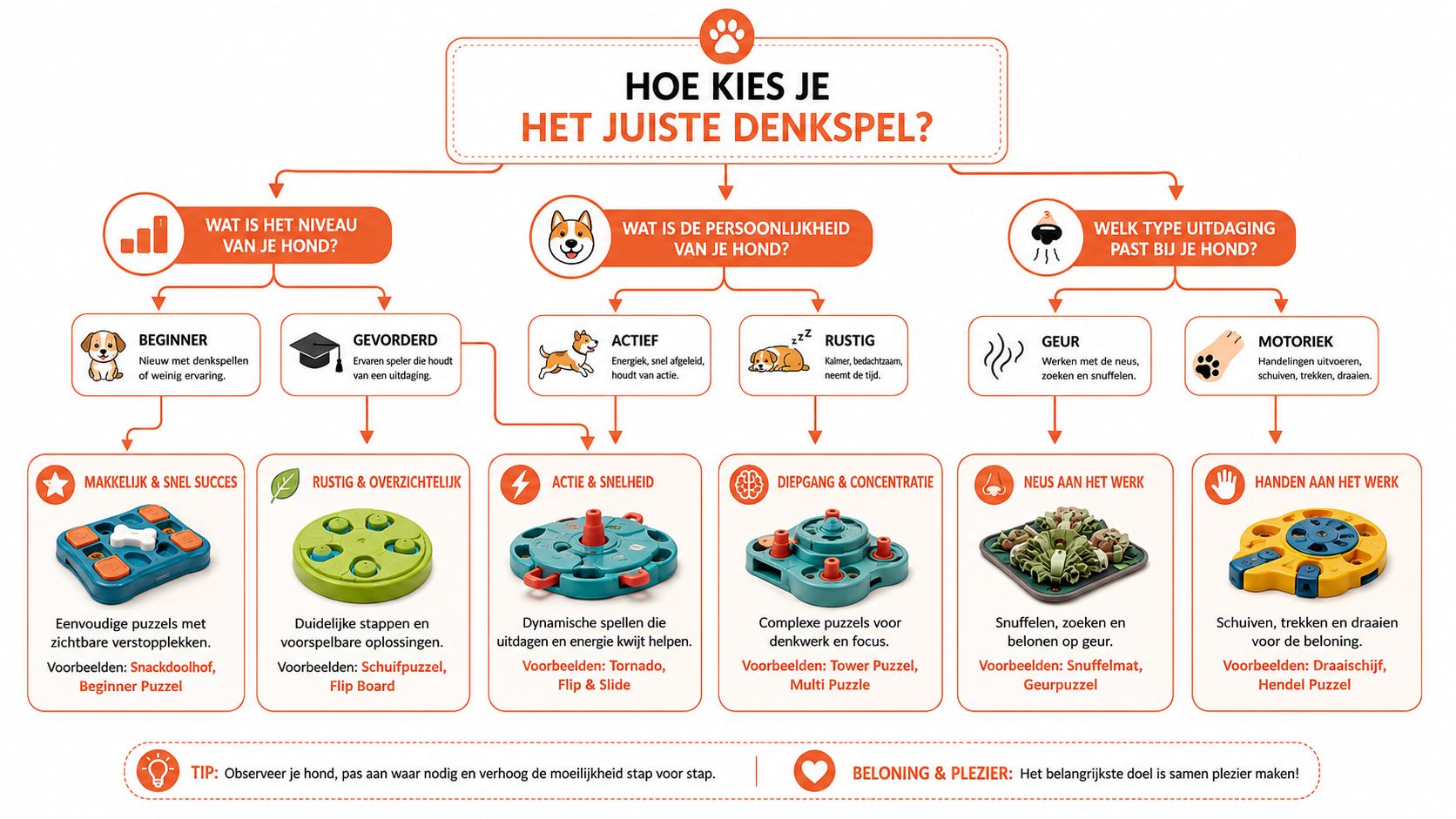 Een stroomschema dat helpt bij het kiezen van het juiste denkspel voor jouw hond op basis van vaardigheid.