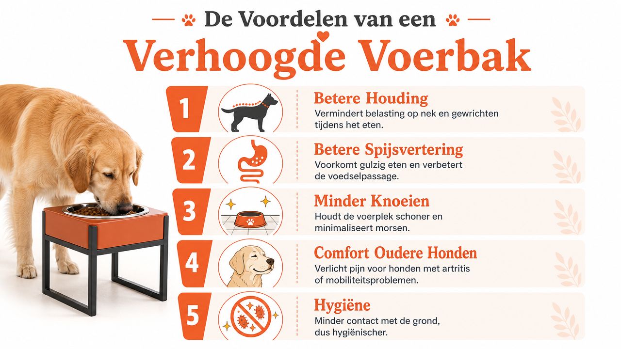 Een overzicht van de vijf voordelen van een verhoogde hondenvoerbak met standaard voor een betere gezondheid.